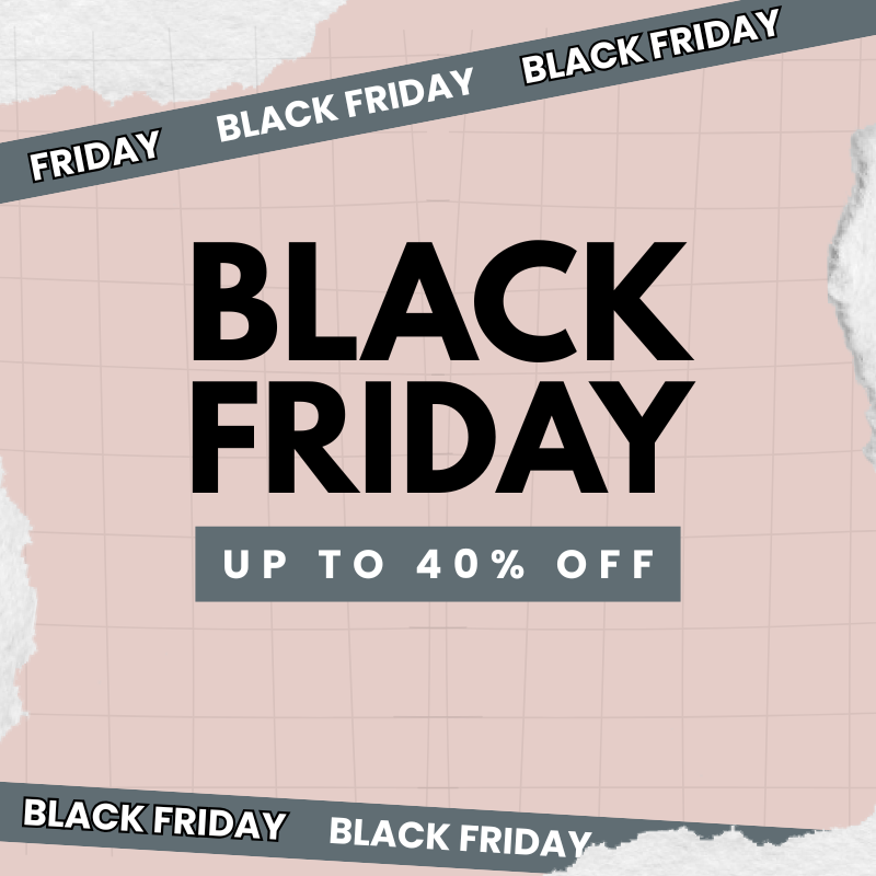 Black Friday sale advertisement with text on a pink background