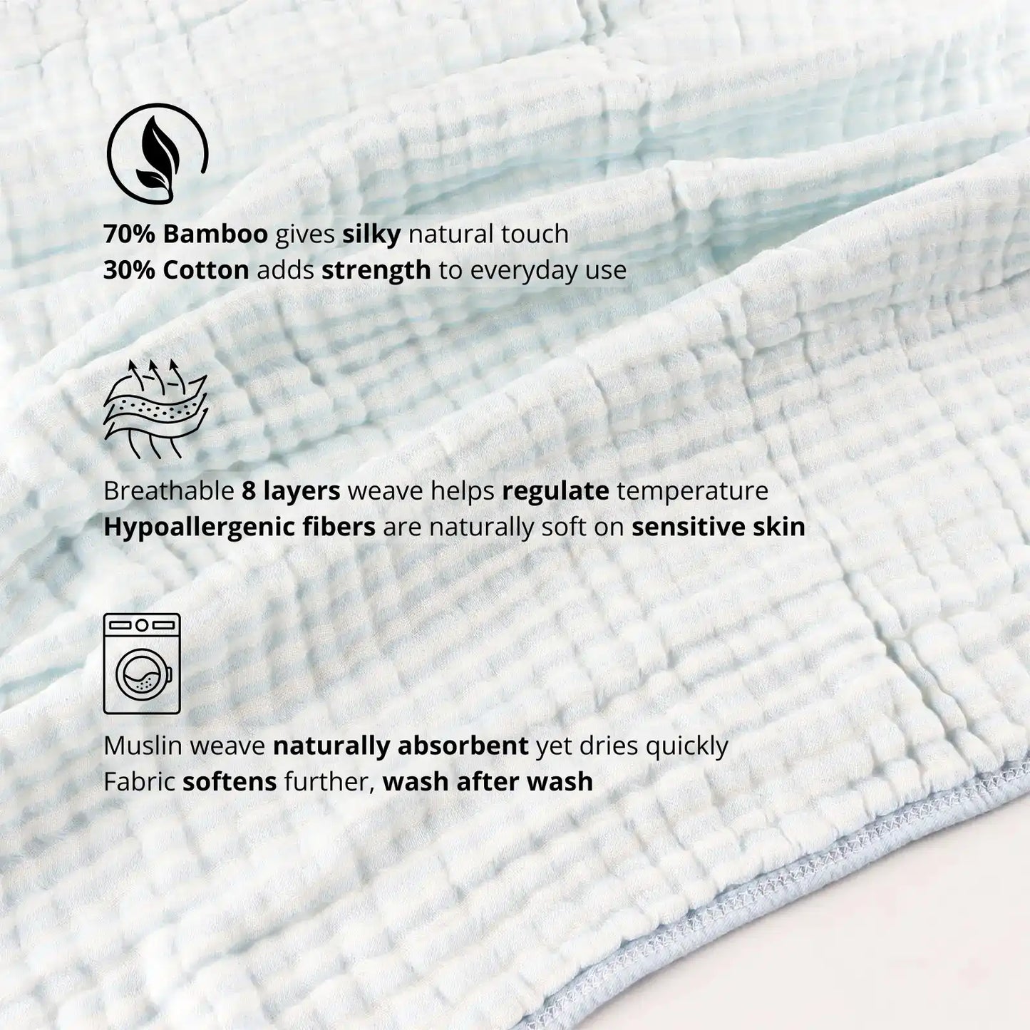 Blue baby blanket fabric close-up showing bamboo cotton blend with breathable soft layered muslin texture