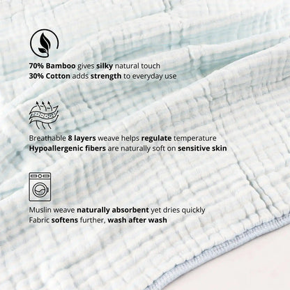 Blue baby blanket fabric close-up showing bamboo cotton blend with breathable soft layered muslin texture