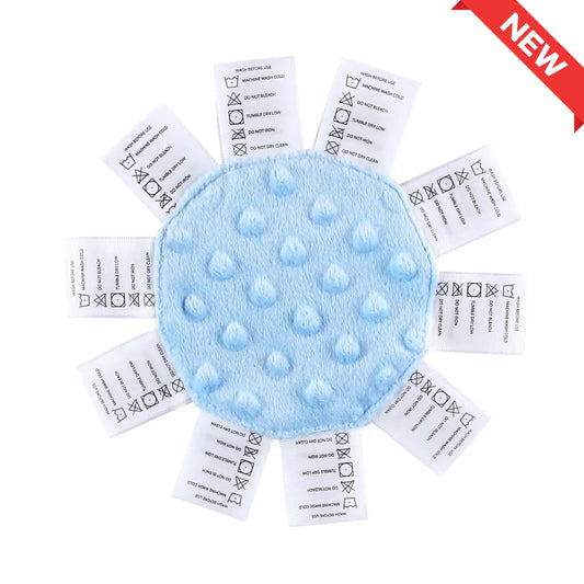 Single blue sensory mini with soft minky dot fabric with woven tags