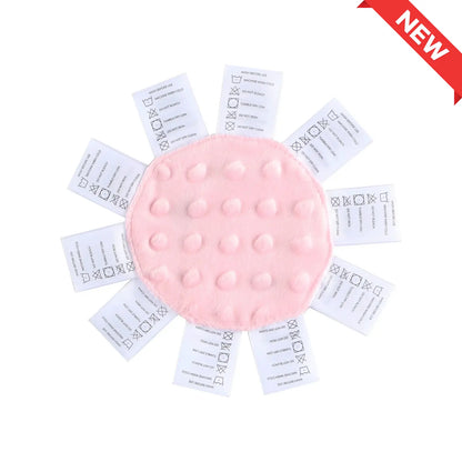 single pink sensory mini with soft minky dot fabric with labels around the edge