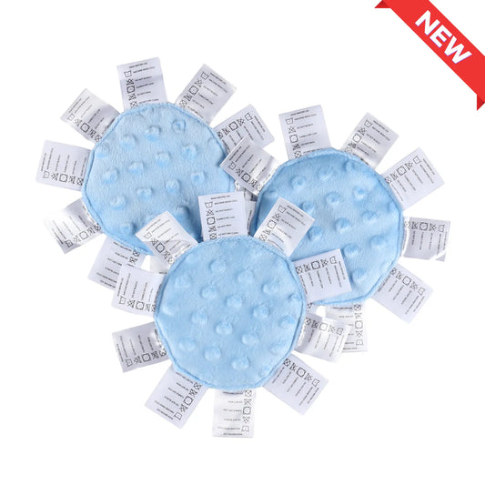 Three blue sensory baby minis with soft minky dot fabric backing