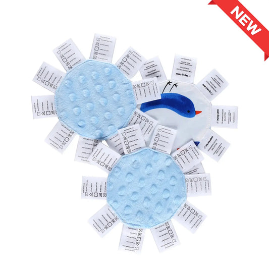 Three blue sensory baby minis with woven labels designed for soothing and play