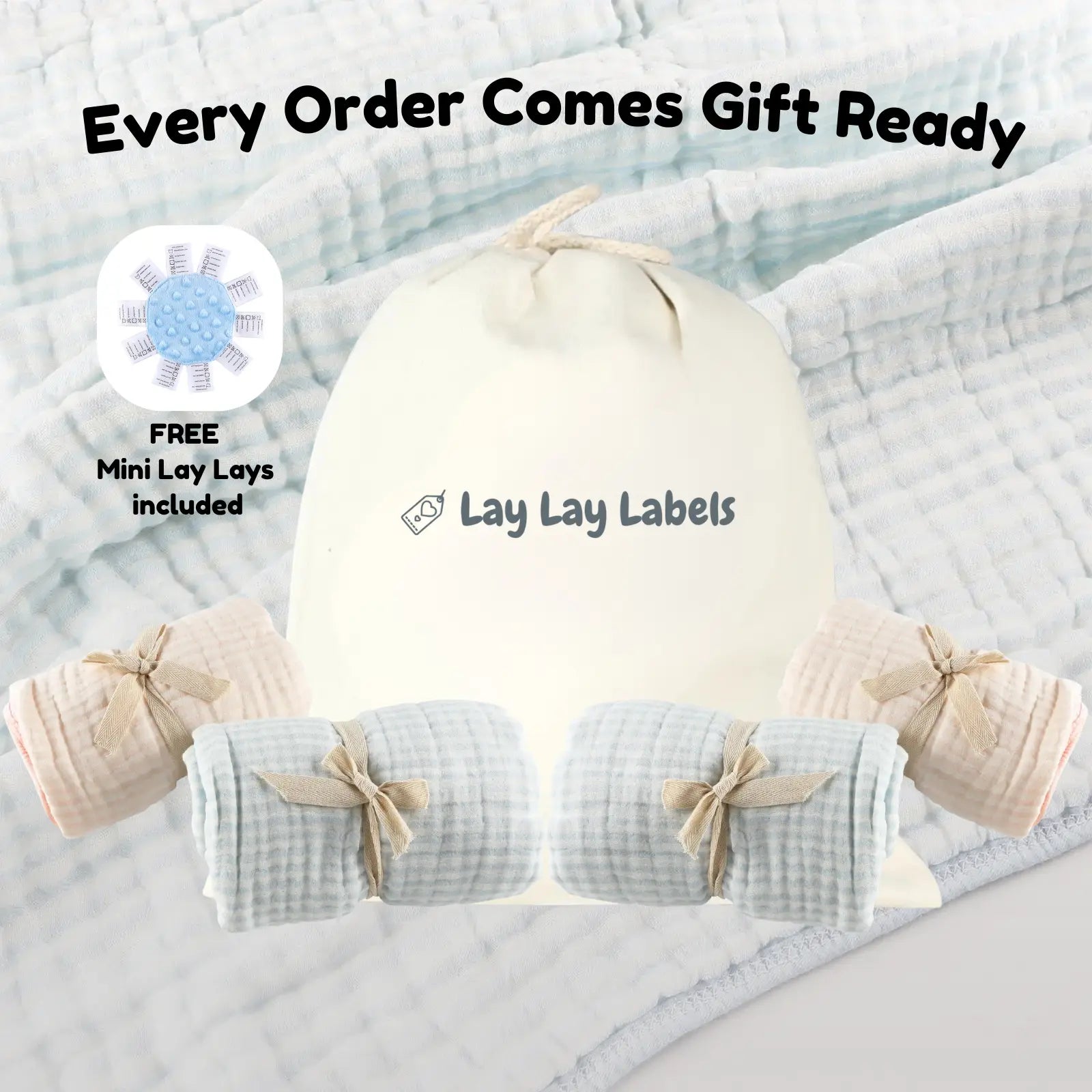 Gift ready baby blanket set with drawstring bag and free sensory mini included
