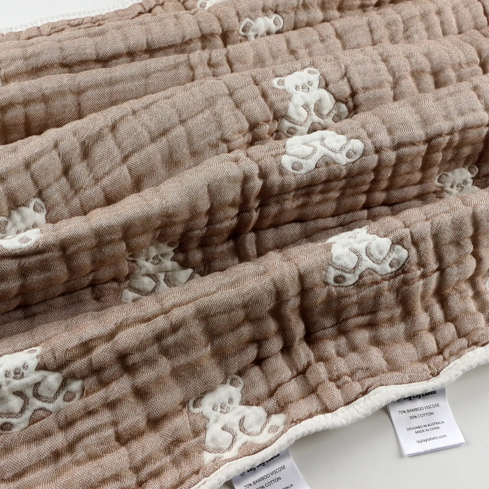 Close-up of teddy baby blanket fabric showing soft textured muslin with teddy pattern