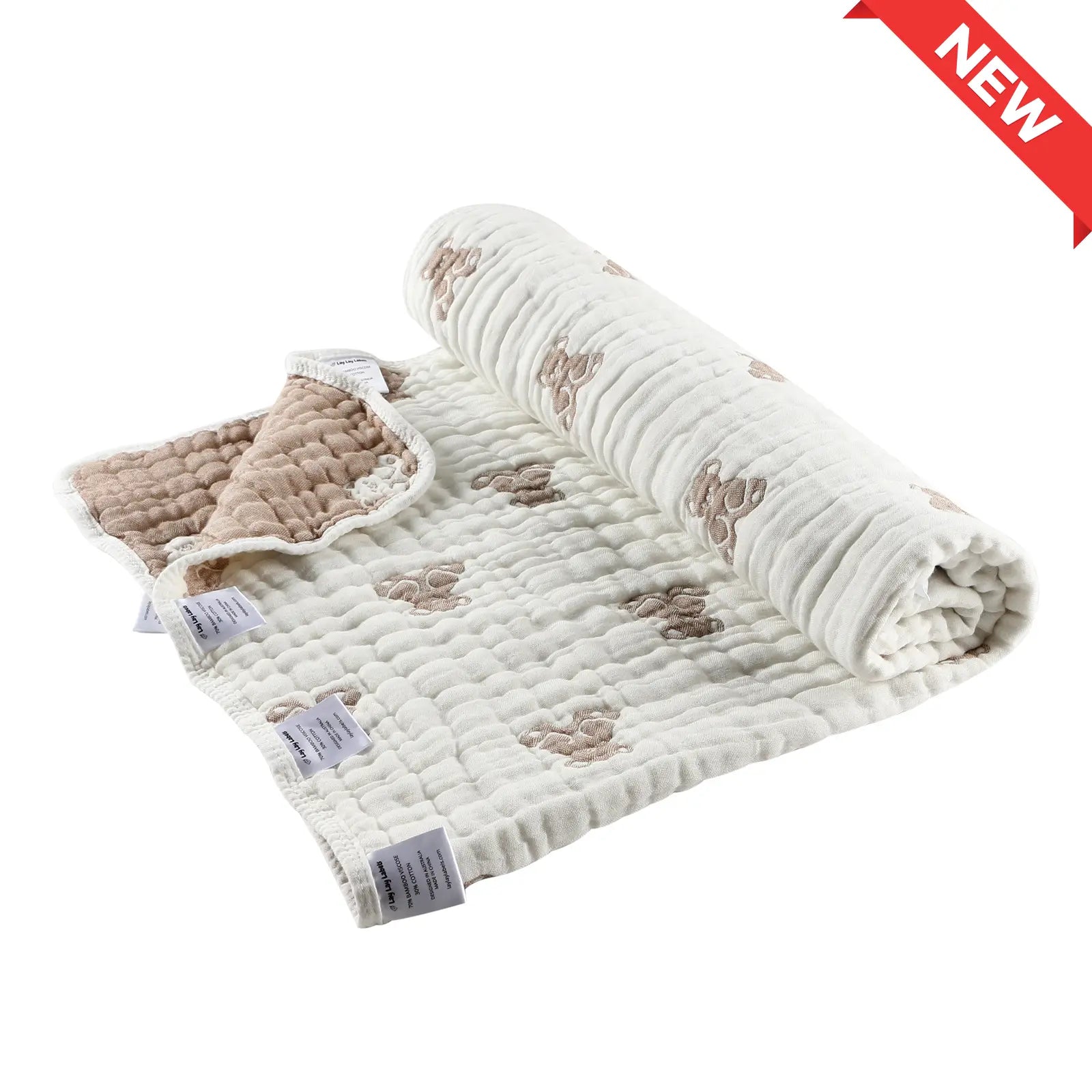Neutral teddy baby blanket with soft textured fabric and sensory labels for calming comfort