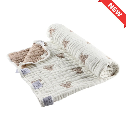 Neutral teddy baby blanket with soft textured fabric and sensory labels for calming comfort
