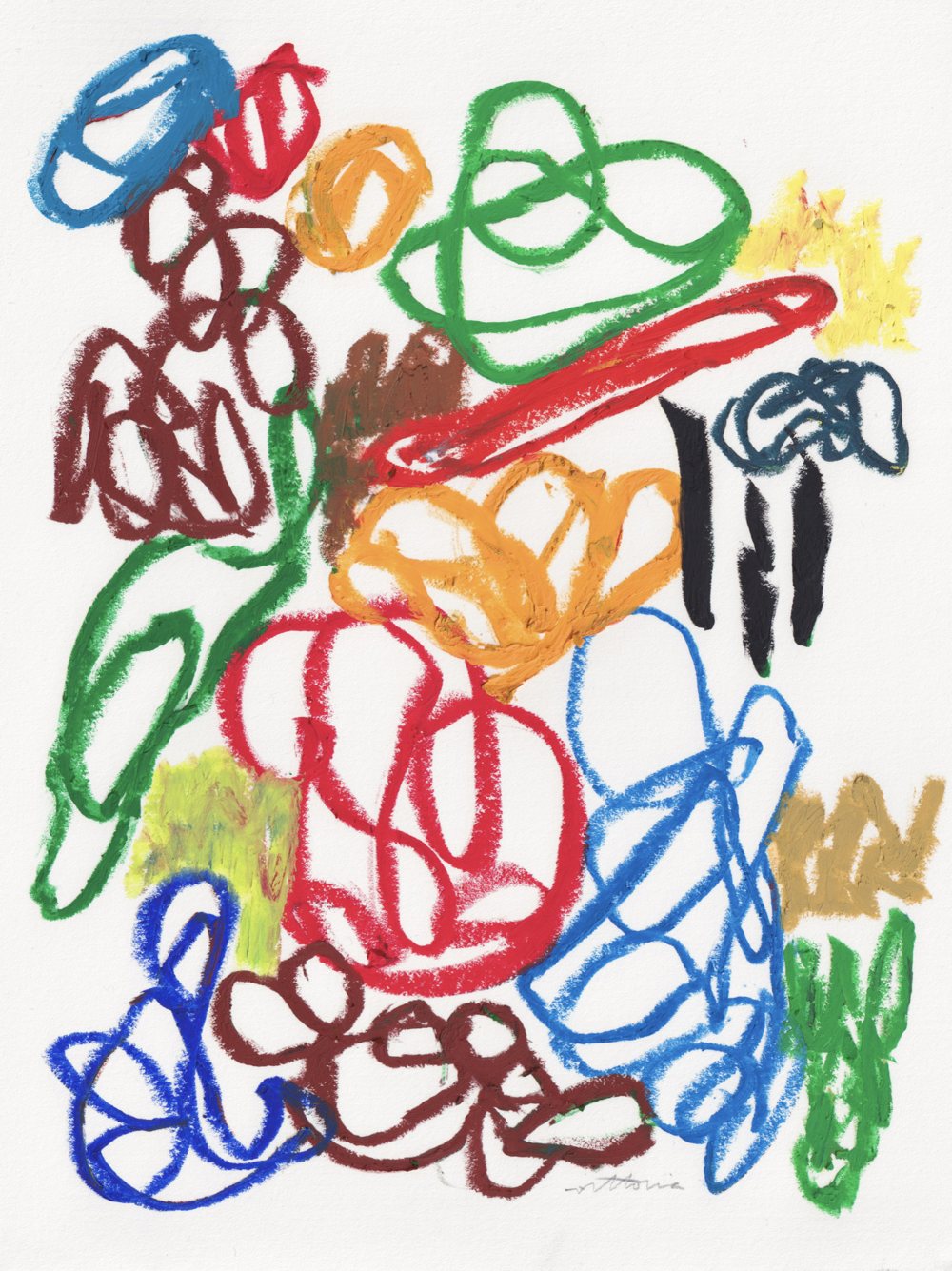 Amber Vittoria's original drawing: loose loops of red, green, orange, blue and brown on white paper