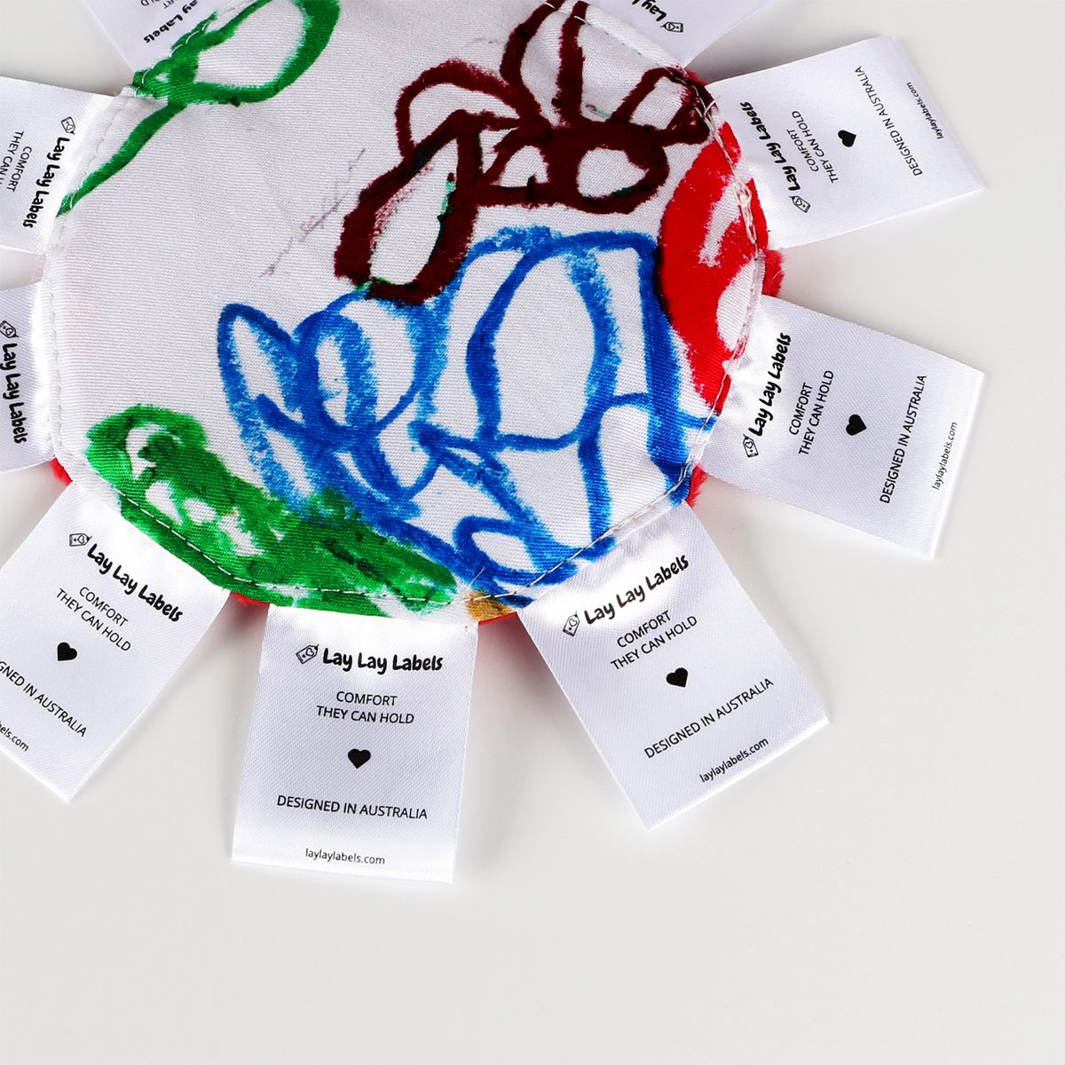 Close-up of Amber's drawing on a Mini, with silk labels reading Comfort they can hold